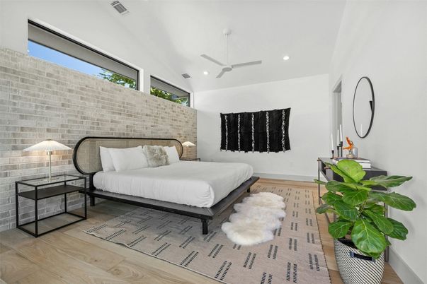 Bedroom, Interior, Recessed Lighting, Wood Texture Flooring