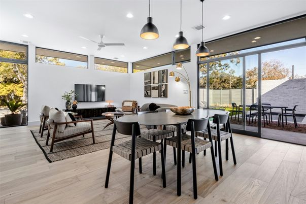 Dining room, Interior, Living room, Pendant Lights, Recessed Lighting, Wood Texture Flooring