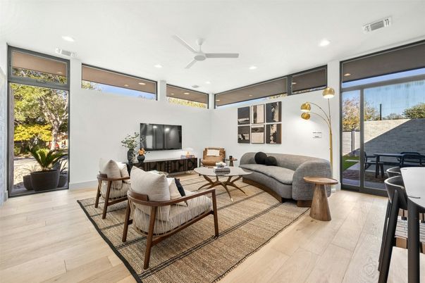 Interior, Living room, Recessed Lighting, Wood Texture Flooring
