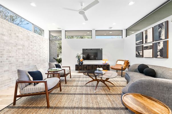 Interior, Living room, Recessed Lighting, Stone Walls, Wood Texture Flooring