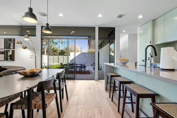 Dining room, Interior, Kitchen, Pendant Lights, Recessed Lighting, Wood Texture Flooring