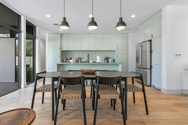 Dining room, Interior, Kitchen, Pendant Lights, Recessed Lighting, Wood Texture Flooring
