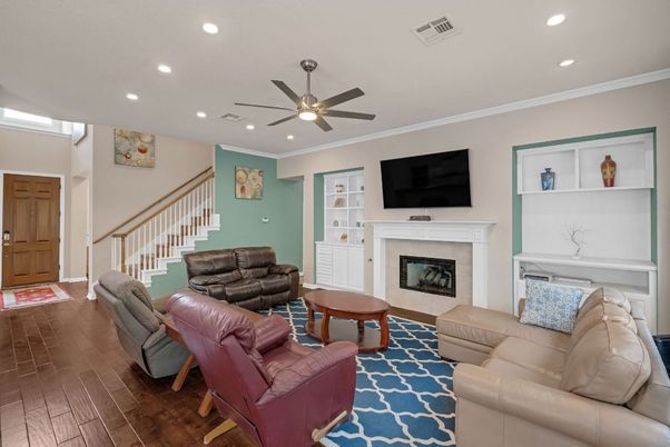 Fireplace, Interior, Living room, Recessed Lighting, Wood Texture Flooring