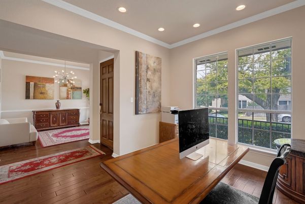 Home Office, Interior, Pendant Lights, Recessed Lighting, Wood Texture Flooring