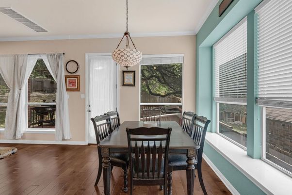 Dining room, Interior, Pendant Lights, Wood Texture Flooring