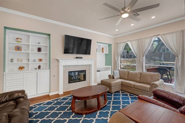 Fireplace, Interior, Living room, Recessed Lighting, Wood Texture Flooring