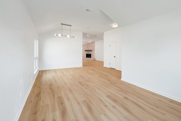 Empty room, Interior, Pendant Lights, Recessed Lighting, Wood Texture Flooring
