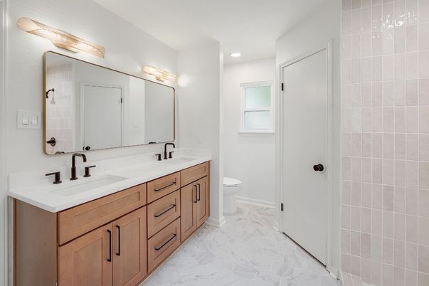 Bathroom, Dual Sink Vanities, Interior, Marble, Recessed Lighting