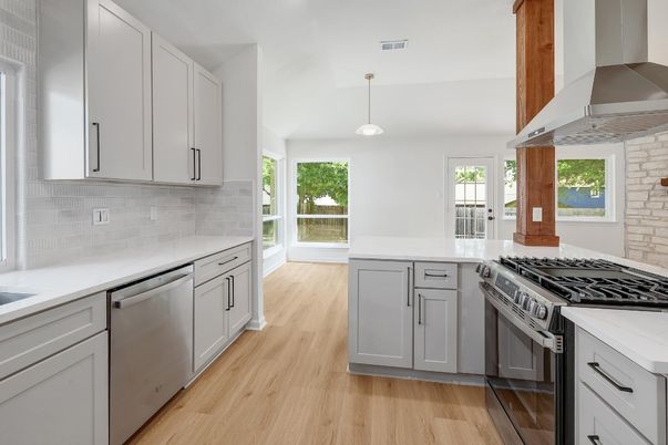 Interior, Kitchen, Pendant Lights, Stainless Steel Appliances, Wood Texture Flooring