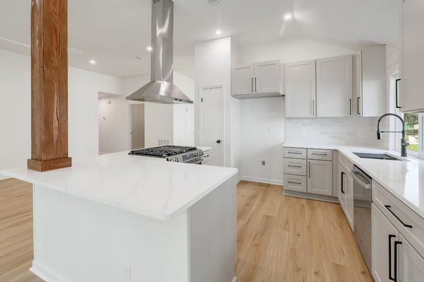 Interior, Kitchen, Recessed Lighting, Stainless Steel Appliances, Wood Texture Flooring