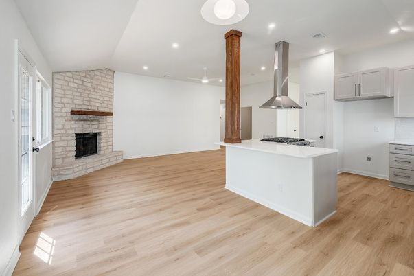 Fireplace, Interior, Kitchen, Recessed Lighting, Wood Texture Flooring