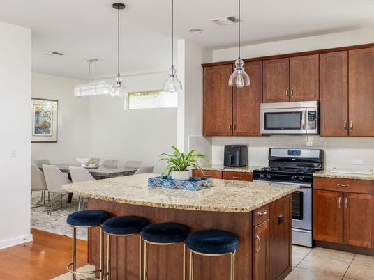 Dining room, Interior, Kitchen, Pendant Lights, Stainless Steel Appliances, Wood Texture Flooring
