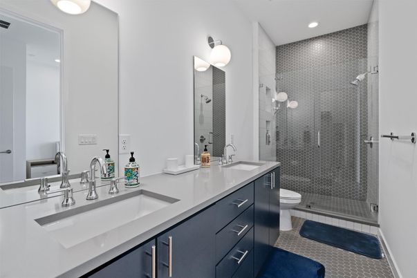 Bathroom, Dual Sink Vanities, Glass Shower, Interior, Recessed Lighting