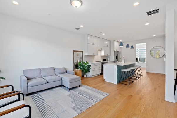 Interior, Kitchen, Living room, Pendant Lights, Recessed Lighting, Wood Texture Flooring