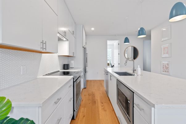 Interior, Kitchen, Pendant Lights, Recessed Lighting, Stainless Steel Appliances, Wood Texture Flooring