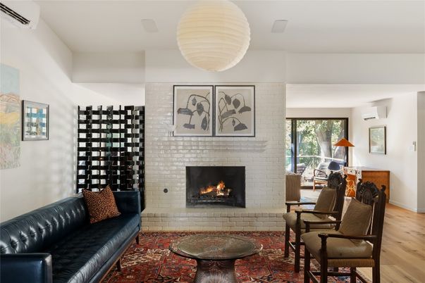 Fireplace, Interior, Living room, Stone Walls, Wood Texture Flooring