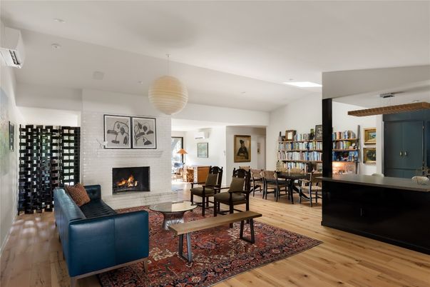 Dining room, Fireplace, Interior, Living room, Pendant Lights, Wood Texture Flooring