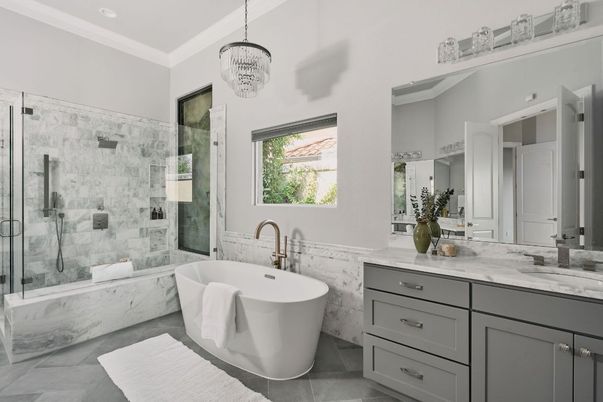 Bathroom, Dual Sink Vanities, Free Standing Baths, Glass Shower, Interior, Pendant Lights, Recessed Lighting
