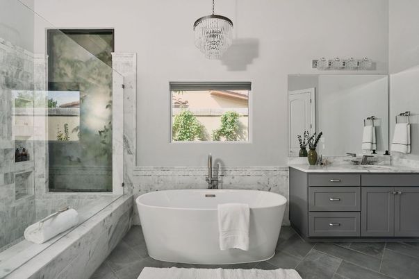 Bathroom, Free Standing Baths, Glass Shower, Interior, Pendant Lights