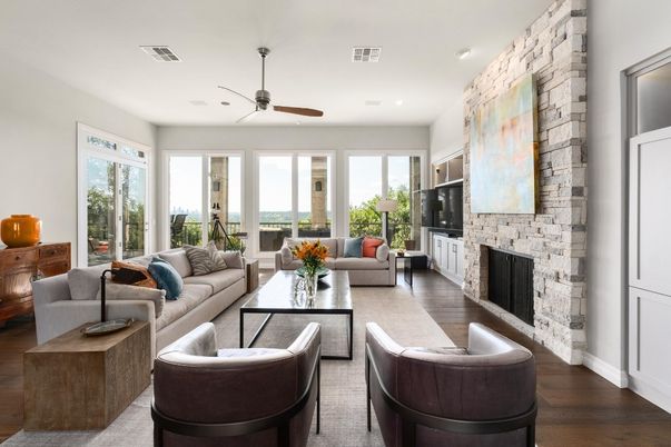 Fireplace, Interior, Living room, Recessed Lighting, Stone Walls, Wood Texture Flooring