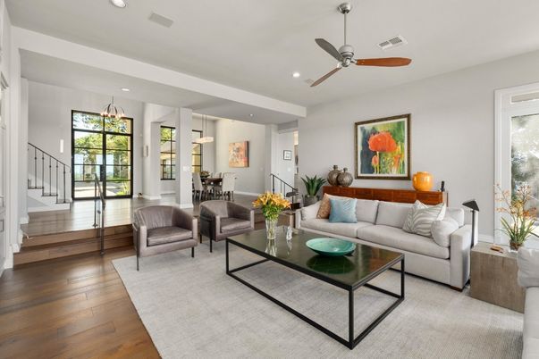 Dining room, Interior, Living room, Recessed Lighting, Wood Texture Flooring