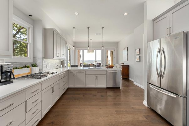 Interior, Kitchen, Pendant Lights, Recessed Lighting, Stainless Steel Appliances, Wood Texture Flooring