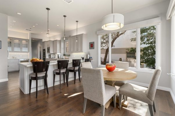 Dining room, Interior, Kitchen, Pendant Lights, Recessed Lighting, Stainless Steel Appliances, Wood Texture Flooring