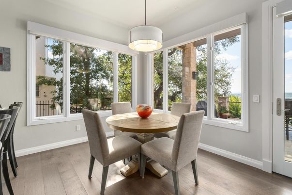 Dining room, Interior, Pendant Lights, Wood Texture Flooring