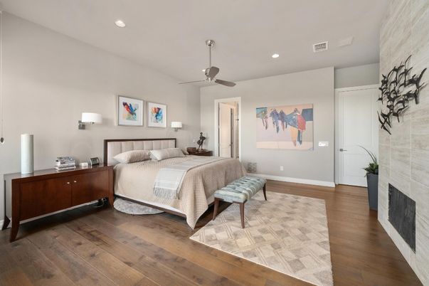 Bedroom, Fireplace, Interior, Recessed Lighting, Wood Texture Flooring