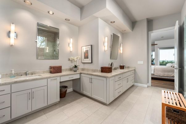 Bathroom, Bedroom, Dual Sink Vanities, Interior, Recessed Lighting, Wood Texture Flooring