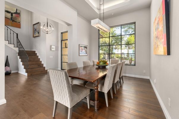 Dining room, Interior, Pendant Lights, Wood Texture Flooring