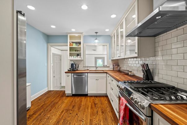 Interior, Kitchen, Pendant Lights, Recessed Lighting, Stainless Steel Appliances, Wood Texture Flooring