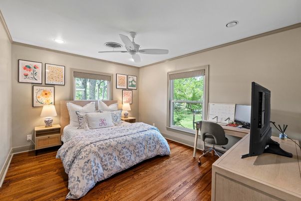 Bedroom, Home Office, Interior, Recessed Lighting, Wood Texture Flooring