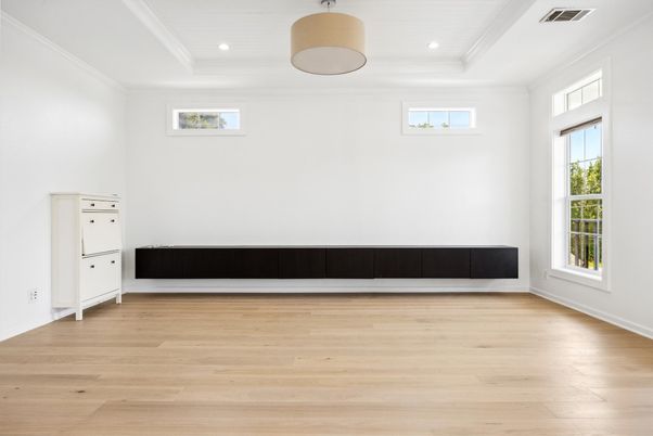 Empty room, Interior, Pendant Lights, Recessed Lighting, Wood Texture Flooring