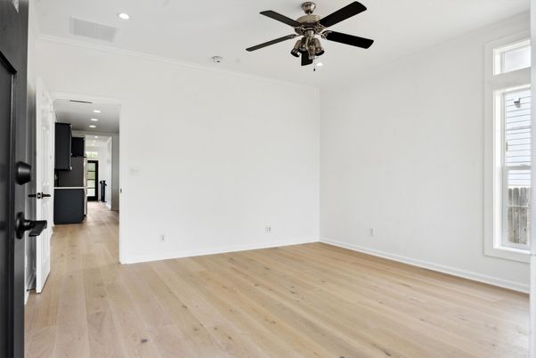 Empty room, Interior, Kitchen, Recessed Lighting, Wood Texture Flooring