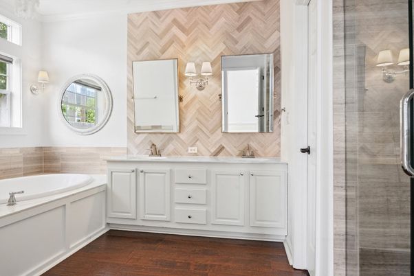 Bathroom, Dual Sink Vanities, Glass Shower, Interior, Wood Texture Flooring