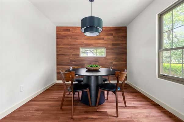 Dining room, Interior, Pendant Lights, Wood Texture Flooring, Wooden Walls