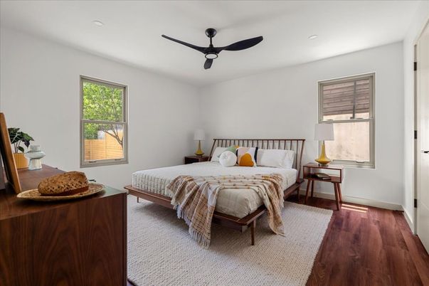 Bedroom, Interior, Recessed Lighting, Wood Texture Flooring