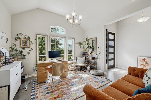Chandelier, Home Office, Interior, Wood Texture Flooring