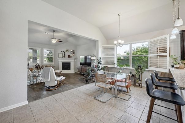 Dining room, Fireplace, Interior, Living room, Pendant Lights, Wood Texture Flooring