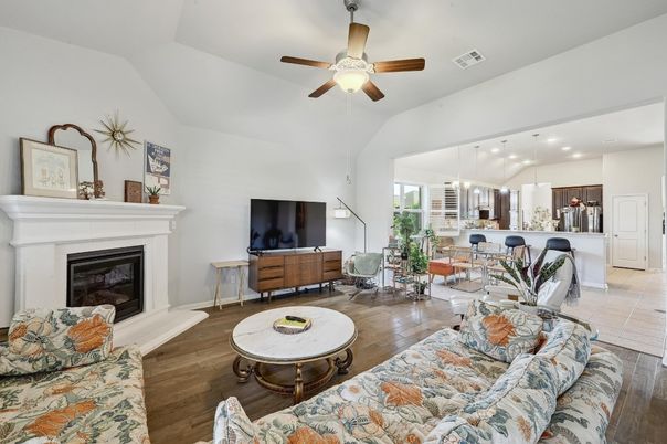 Fireplace, Interior, Kitchen, Living room, Pendant Lights, Wood Texture Flooring