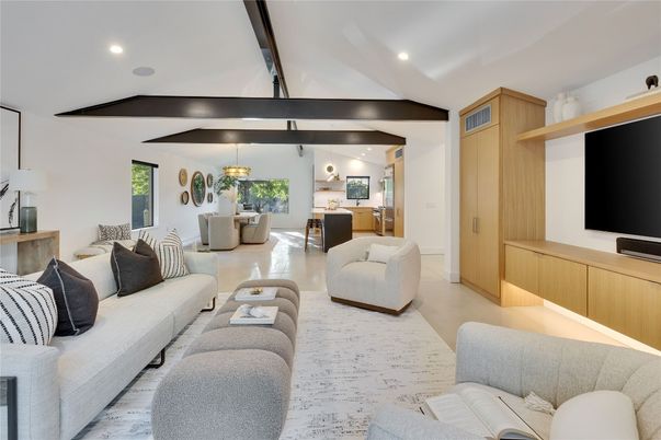 Dining room, Interior, Kitchen, Living room, Pendant Lights, Recessed Lighting, Wooden Beams
