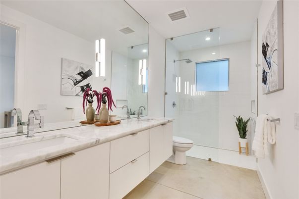 Bathroom, Dual Sink Vanities, Glass Shower, Interior, Recessed Lighting