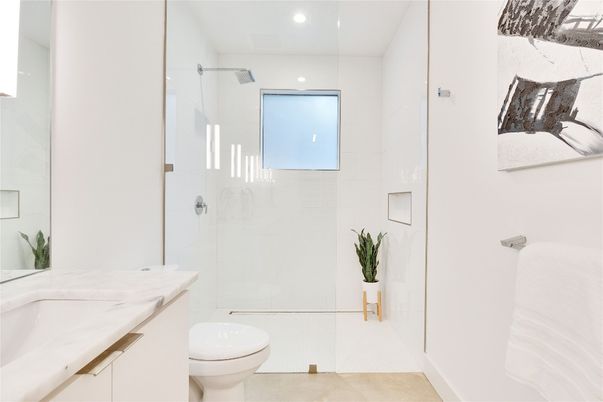 Bathroom, Glass Shower, Interior, Marble Walls, Recessed Lighting