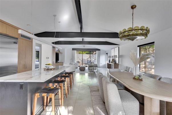 Dining room, Fireplace, Interior, Kitchen, Living room, Pendant Lights, Wooden Beams