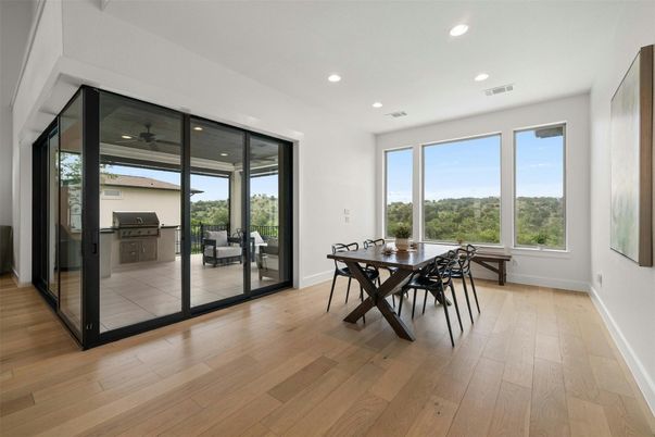 Dining room, Interior, Recessed Lighting, Wood Texture Flooring