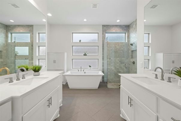 Bathroom, Dual Sink Vanities, Free Standing Baths, Glass Shower, Interior, Recessed Lighting
