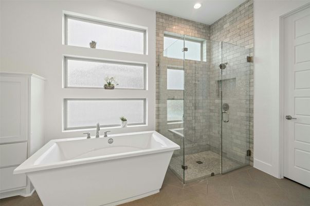 Bathroom, Free Standing Baths, Glass Shower, Interior, Recessed Lighting