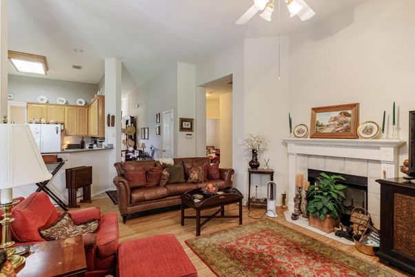 Fireplace, Interior, Kitchen, Living room, Wood Texture Flooring