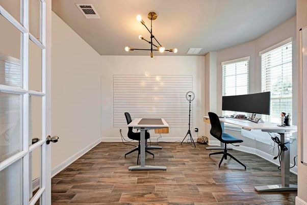 Home Office, Interior, Pendant Lights, Wood Texture Flooring